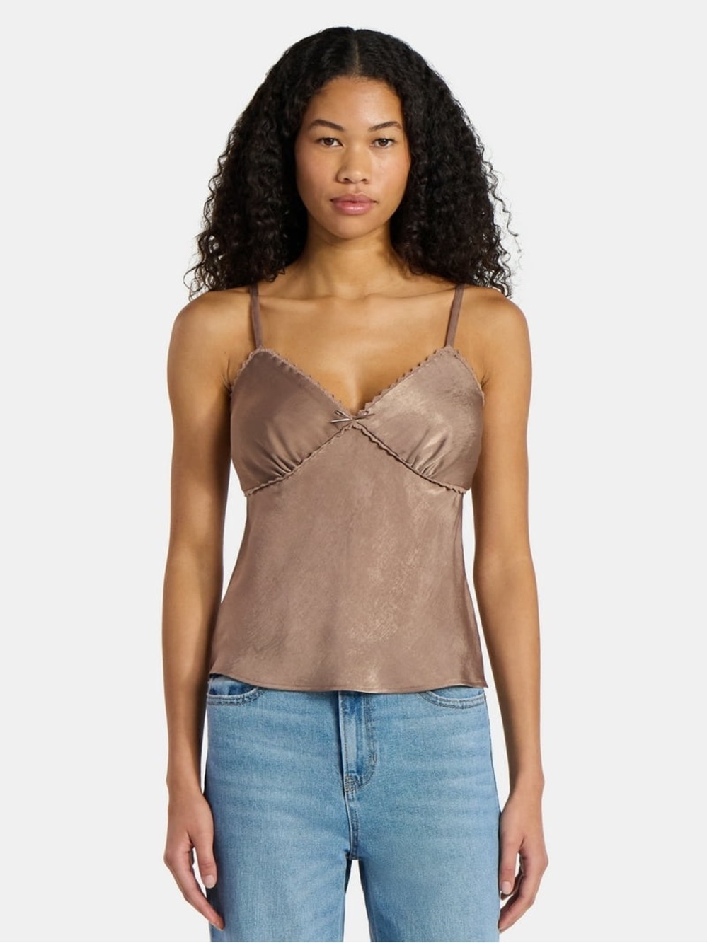 No Boundaries Satin V-Neck Cami Tank Top in Taupe